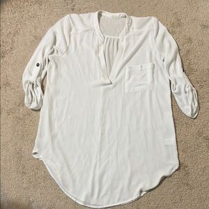 Lush Cream Cuffed Sleeve Blouse with Mandarin Collar